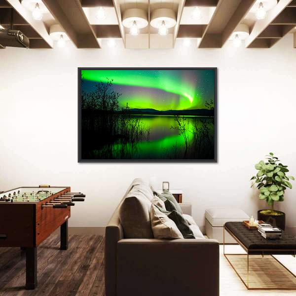 Silhouettes Of Intense Northern Lights over Lake Laberge Canada Canvas Wall Art-3 Horizontal-Gallery Wrap-25" x 16"-Tiaracle