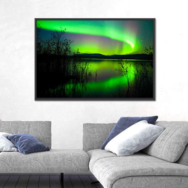 Silhouettes Of Intense Northern Lights over Lake Laberge Canada Canvas Wall Art-3 Horizontal-Gallery Wrap-25" x 16"-Tiaracle