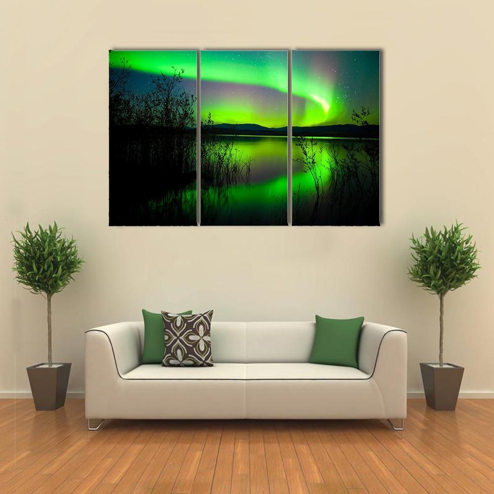 Silhouettes Of Intense Northern Lights over Lake Laberge Canada Canvas Wall Art-3 Horizontal-Gallery Wrap-37" x 24"-Tiaracle