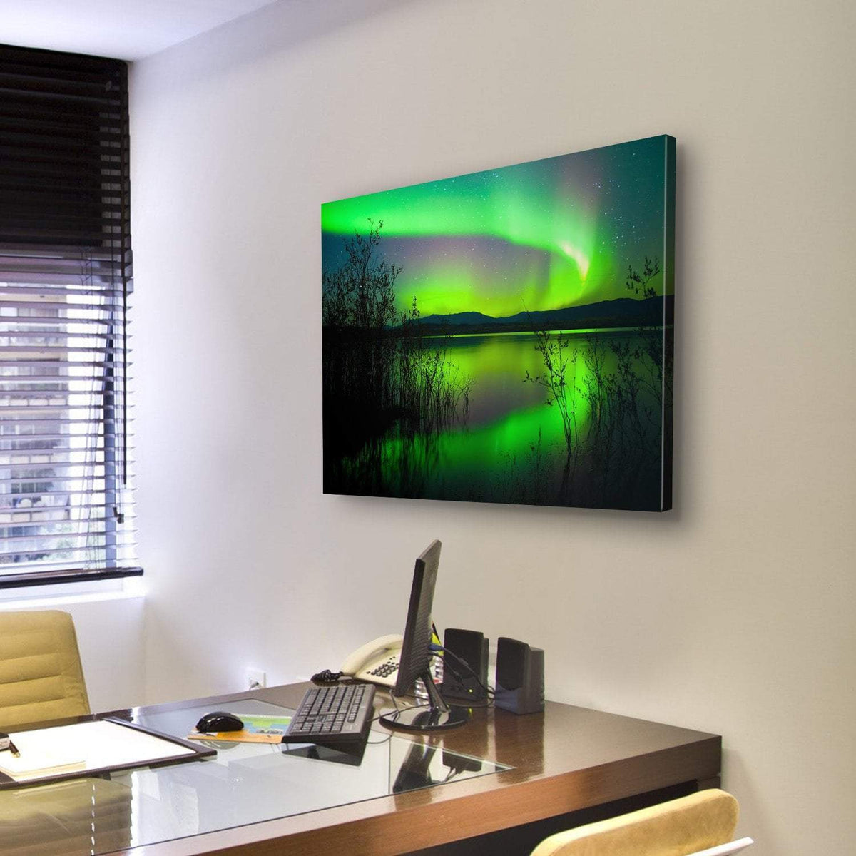 Silhouettes Of Intense Northern Lights over Lake Laberge Canada Canvas Wall Art-3 Horizontal-Gallery Wrap-25" x 16"-Tiaracle