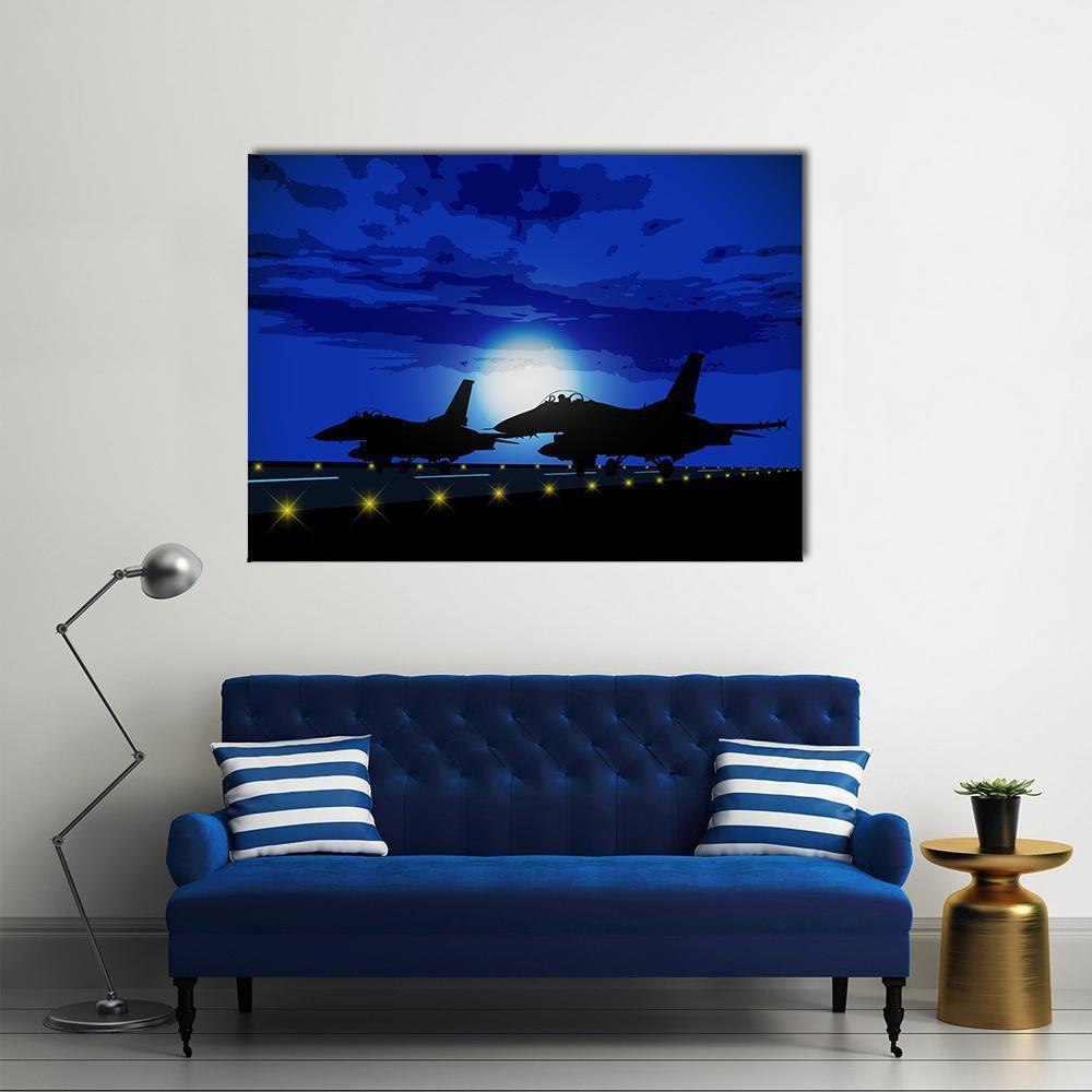 Two Fighter Jets Silhouetted at Night Canvas Wall Art in black and blue, single panel hung on a wall
