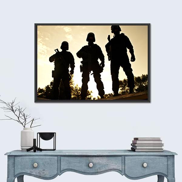Silhouettes Of S W A T Officers Holding Their Guns Canvas Wall Art-1 Piece-Floating Frame-24" x 16"-Tiaracle