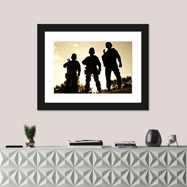 Silhouettes Of S W A T Officers Holding Their Guns Canvas Wall Art-1 Piece-Framed Print-20" x 16"-Tiaracle