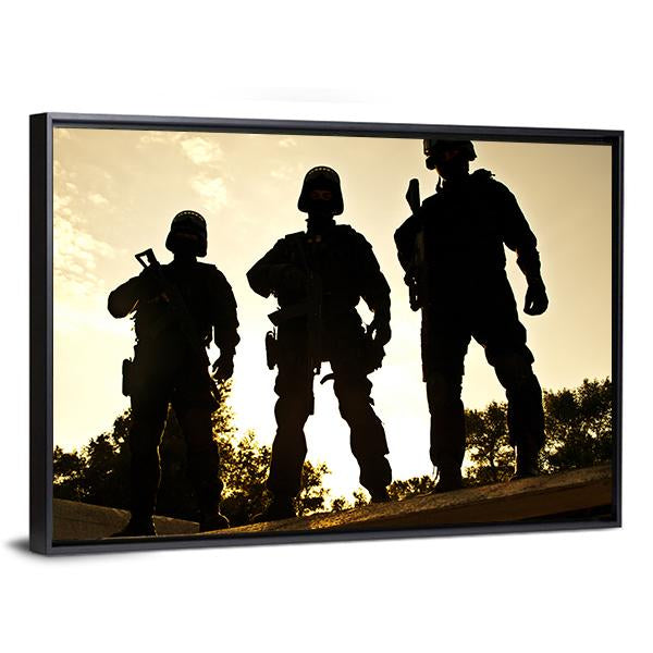 Silhouettes Of S W A T Officers Holding Their Guns Canvas Wall Art-3 Horizontal-Gallery Wrap-25" x 16"-Tiaracle