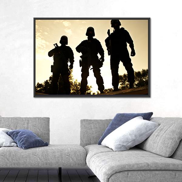 Silhouettes Of S W A T Officers Holding Their Guns Canvas Wall Art-3 Horizontal-Gallery Wrap-25" x 16"-Tiaracle