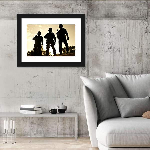 Silhouettes Of S W A T Officers Holding Their Guns Canvas Wall Art-3 Horizontal-Gallery Wrap-25" x 16"-Tiaracle