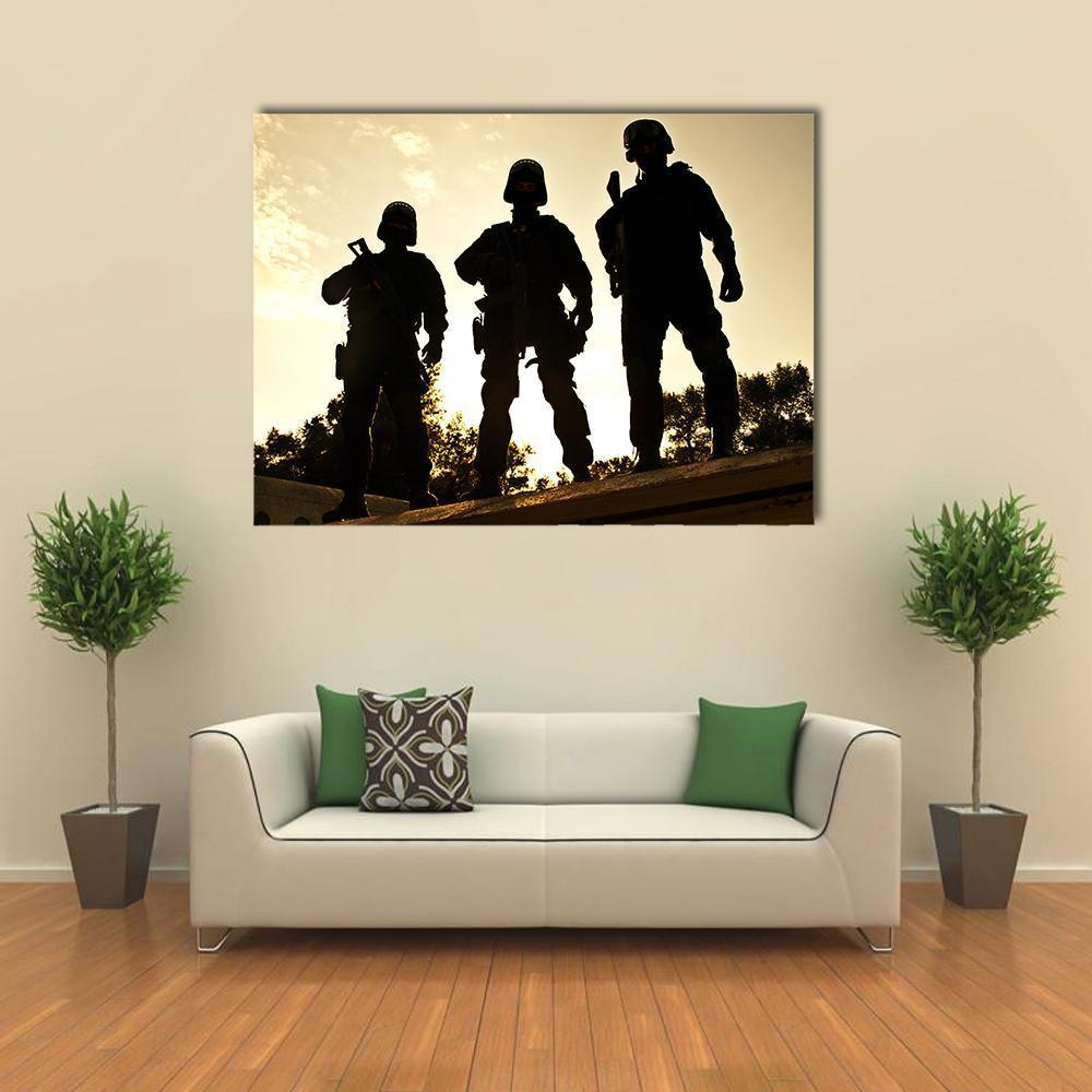 Silhouettes Of S W A T Officers Holding Their Guns Canvas Wall Art-1 Piece-Gallery Wrap-48" x 32"-Tiaracle
