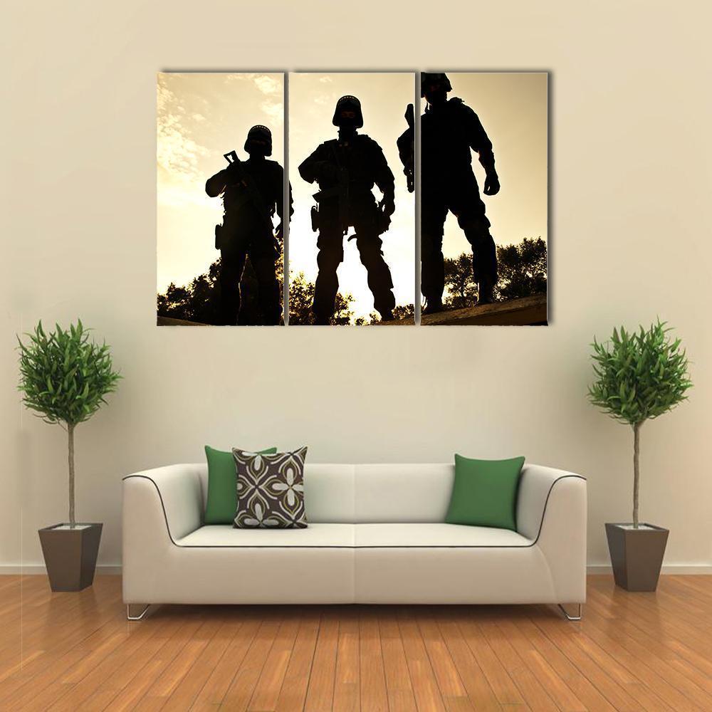 Silhouettes Of S W A T Officers Holding Their Guns Canvas Wall Art-3 Horizontal-Gallery Wrap-37" x 24"-Tiaracle