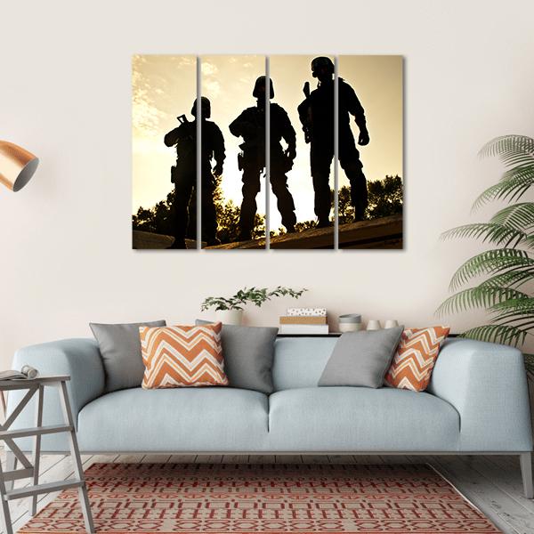 Silhouettes Of S W A T Officers Holding Their Guns Canvas Wall Art-4 Horizontal-Gallery Wrap-34" x 24"-Tiaracle