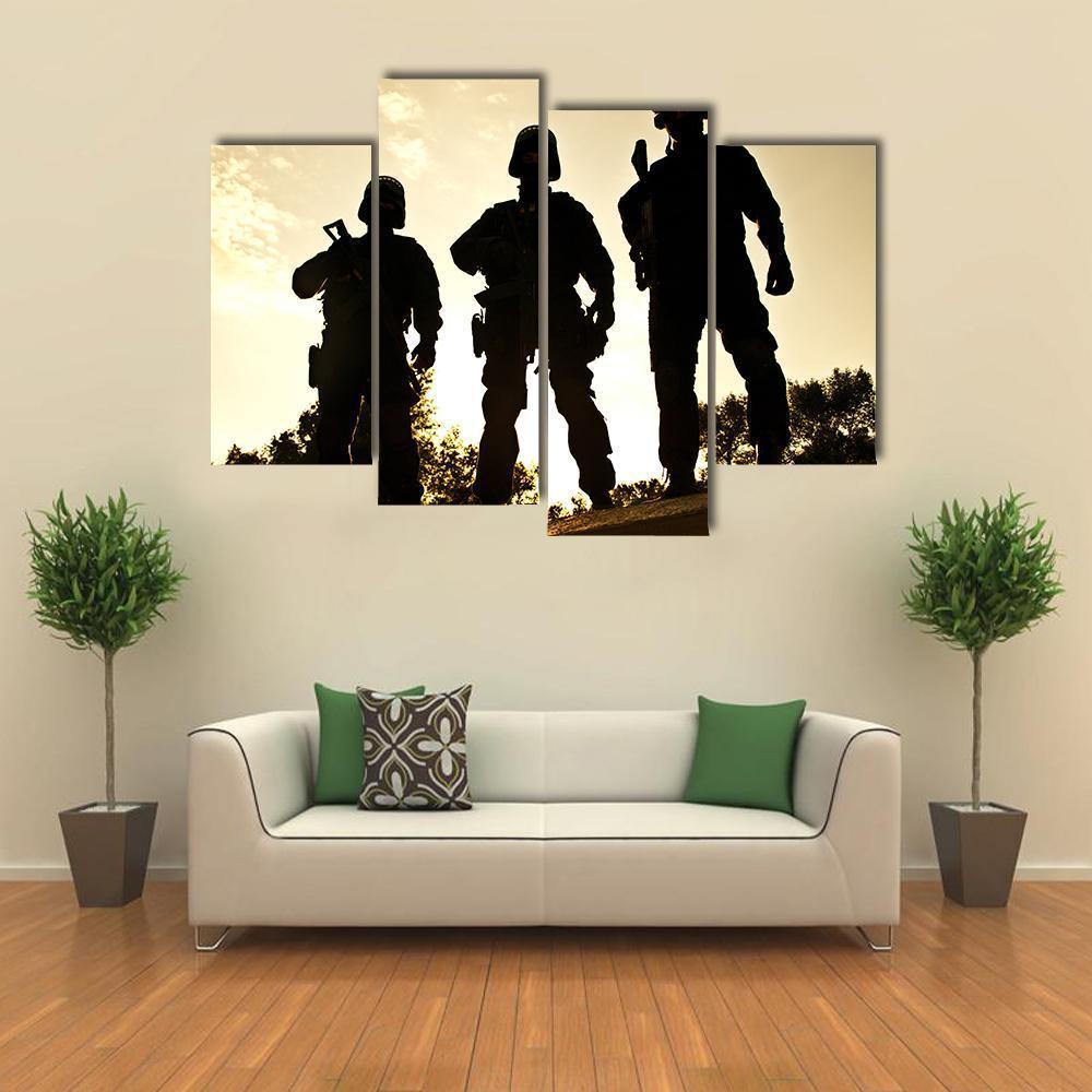 Silhouettes Of S W A T Officers Holding Their Guns Canvas Wall Art-4 Pop-Gallery Wrap-50" x 32"-Tiaracle