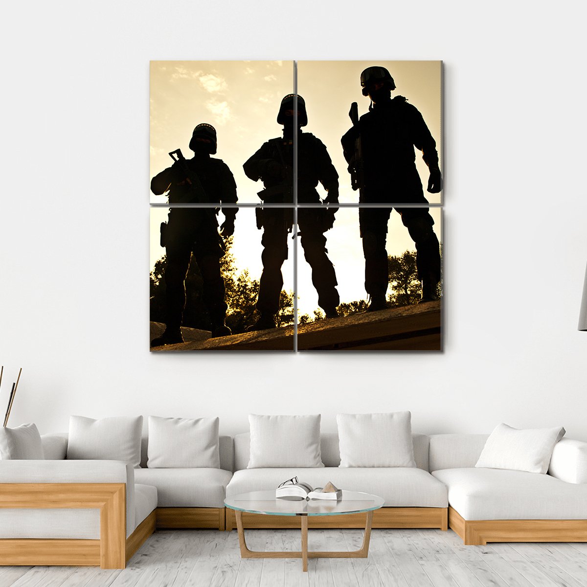 Silhouettes Of S W A T Officers Holding Their Guns Canvas Wall Art-4 Square-Gallery Wrap-17" x 17"-Tiaracle