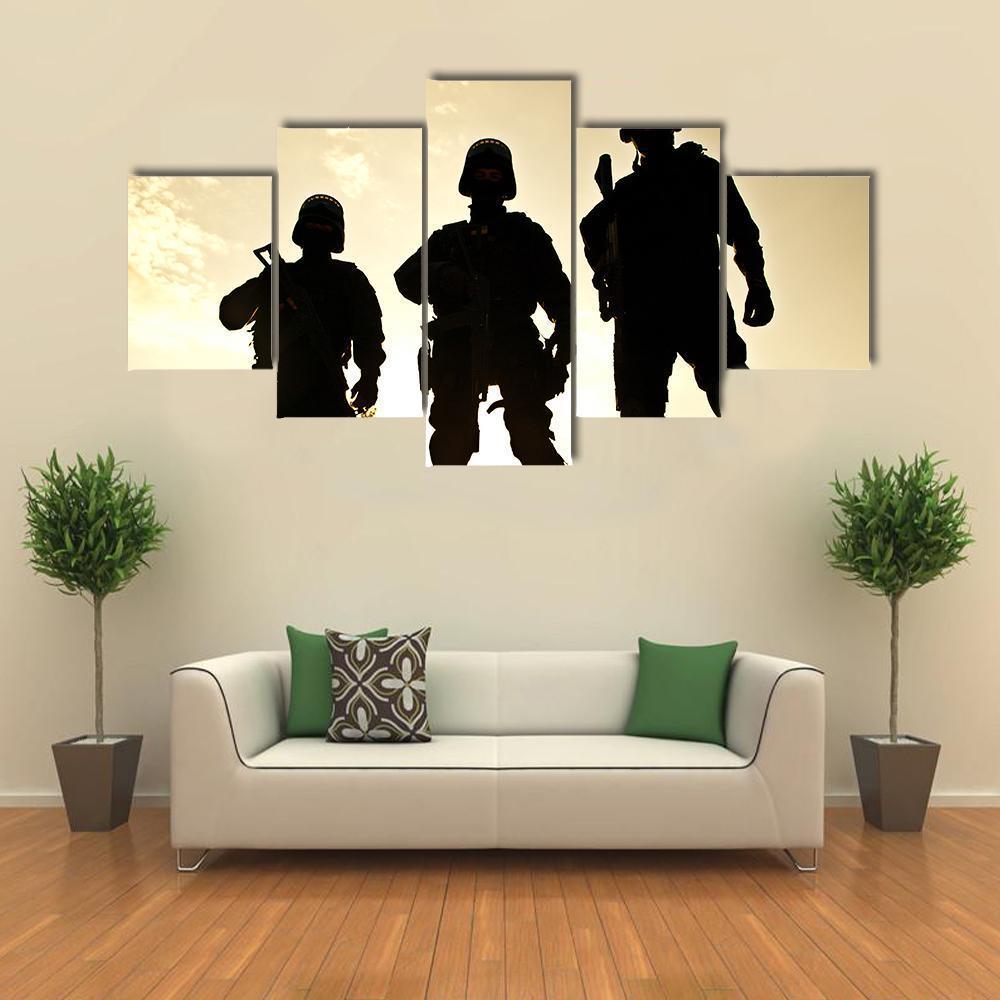Silhouettes Of S W A T Officers Holding Their Guns Canvas Wall Art-5 Star-Gallery Wrap-62" x 32"-Tiaracle