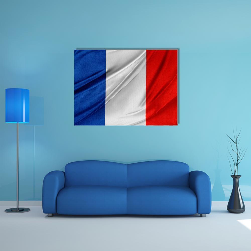 Silky French Flag Canvas Wall Art in white, red and blue, single panel hung on a wall