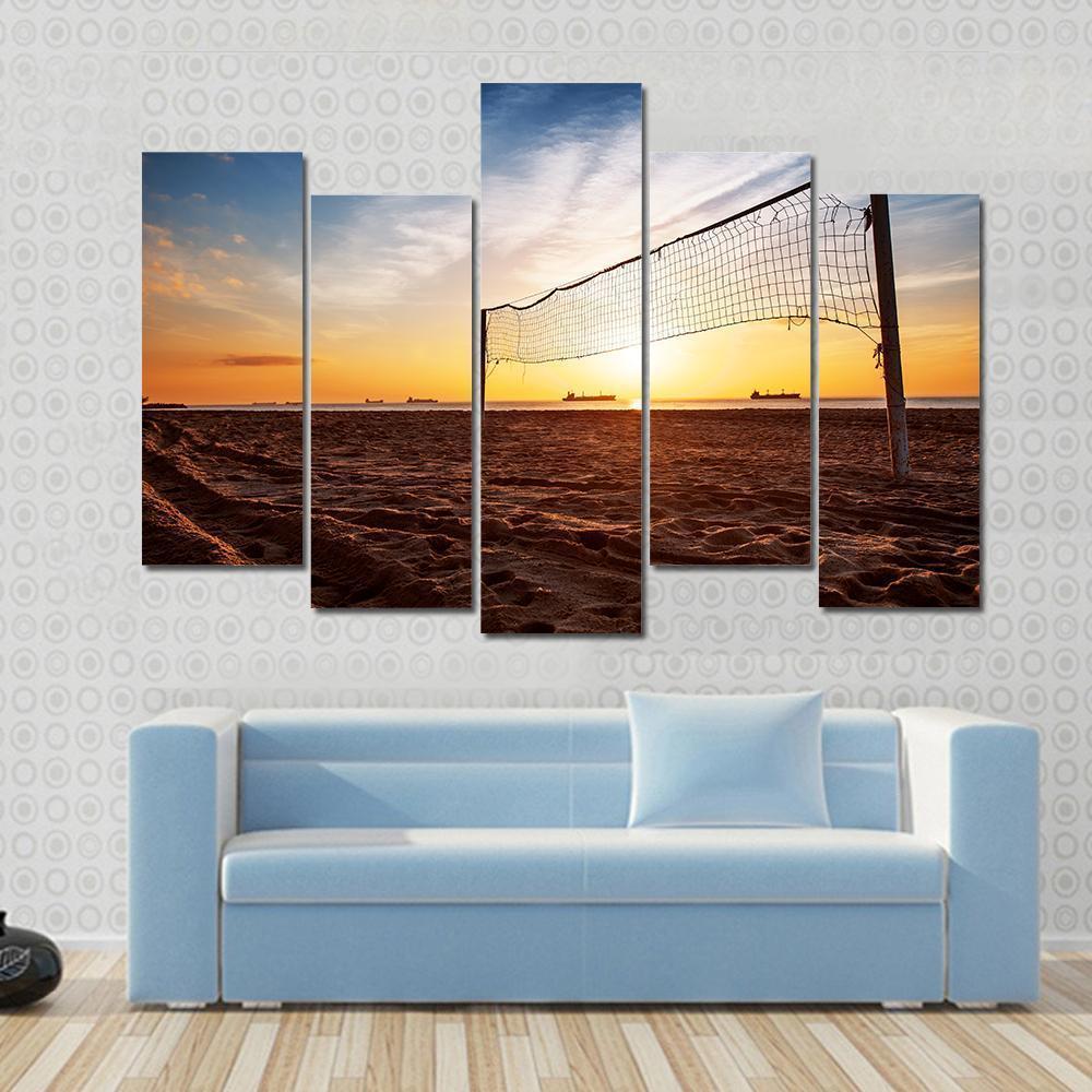 Sillhouette Of A Volleyball Net And Sunrise On The Beach Canvas Wall Art-1 Piece-Gallery Wrap-48" x 32"-Tiaracle