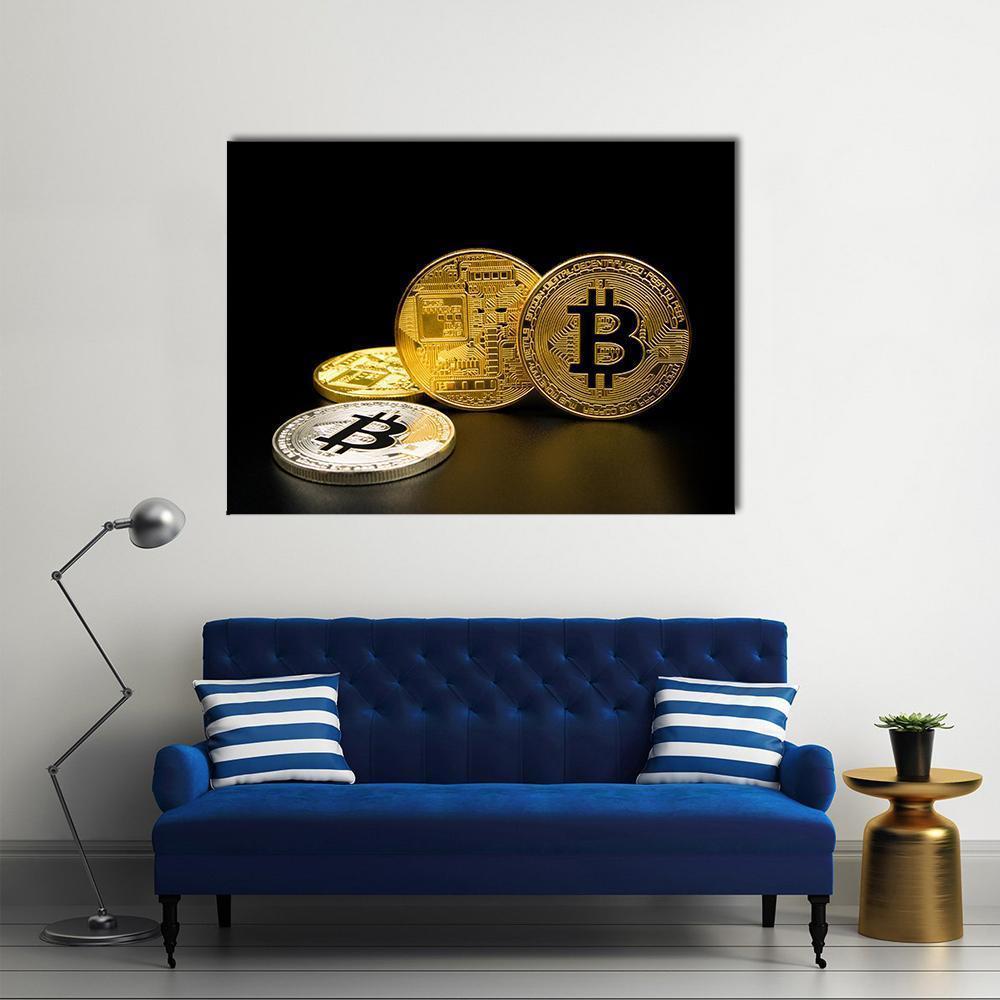Two Gold and One Silver Bitcoin Coins Canvas Wall Art in black, gold and silver, 5 panel Pop layout hung on a wall