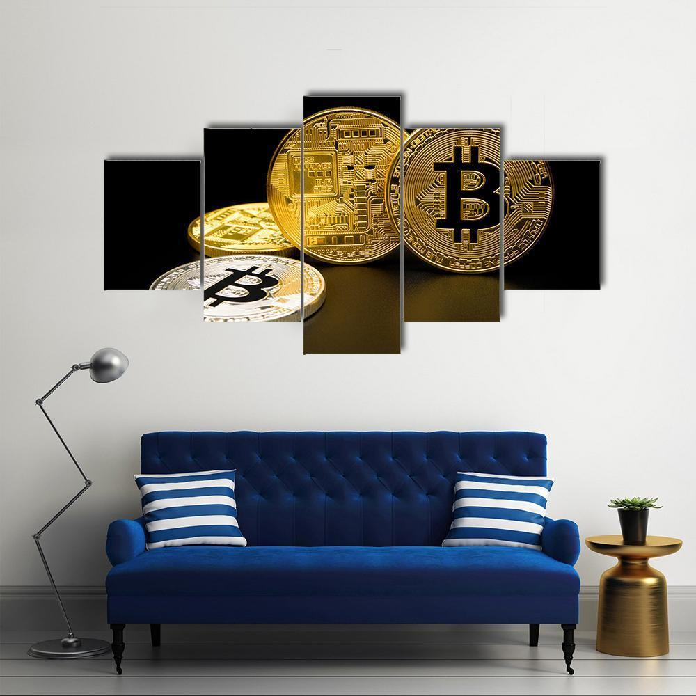 Two Gold and One Silver Bitcoin Coins Canvas Wall Art in black, gold and silver, 5 panel Pop layout hung on a wall