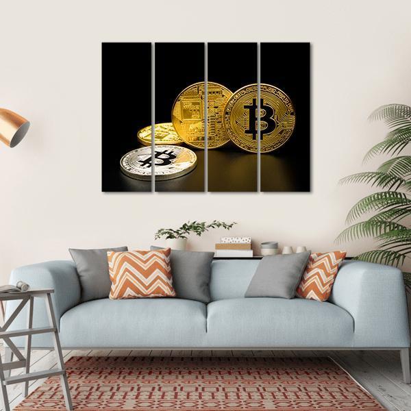 Silver And Golden Bitcoin Canvas Wall Art-4 Horizontal-Gallery Wrap-34" x 24"-Tiaracle