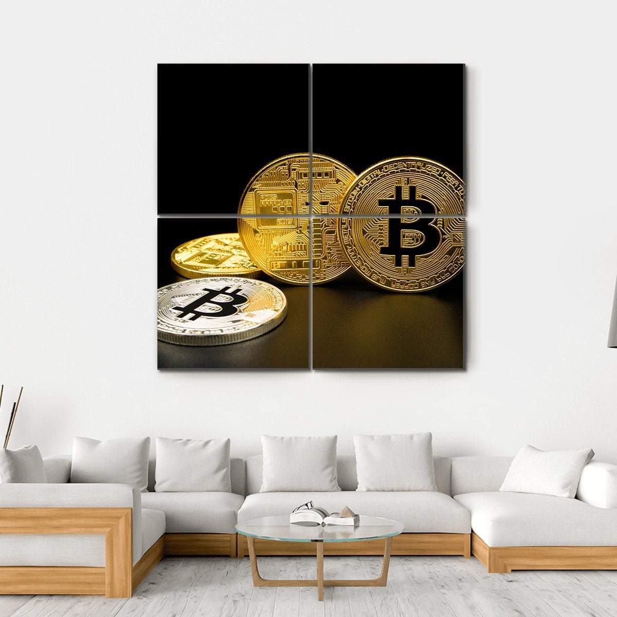 Silver And Golden Bitcoin Canvas Wall Art-4 Square-Gallery Wrap-17" x 17"-Tiaracle