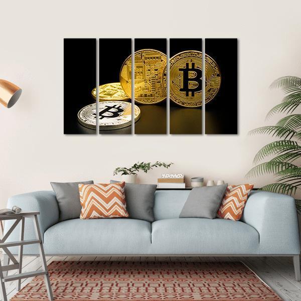 Silver And Golden Bitcoin Canvas Wall Art-5 Horizontal-Gallery Wrap-22" x 12"-Tiaracle
