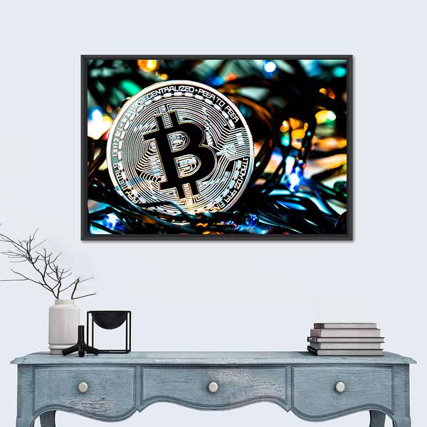 Silver Bitcoin Coin Close-up Canvas Wall Art in black, silver and blue, framed canvas, product view on a white background