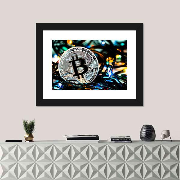 Silver Bitcoin Coin Close-up Canvas Wall Art in black, silver and blue, 4 panel Pop layout hung on a wall