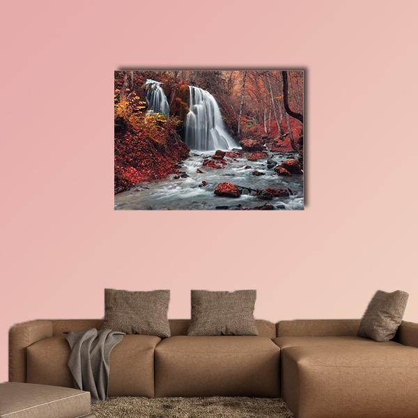 Silver Stream Waterfall Canvas Wall Art in gray, brown and red, single panel hung on a wall