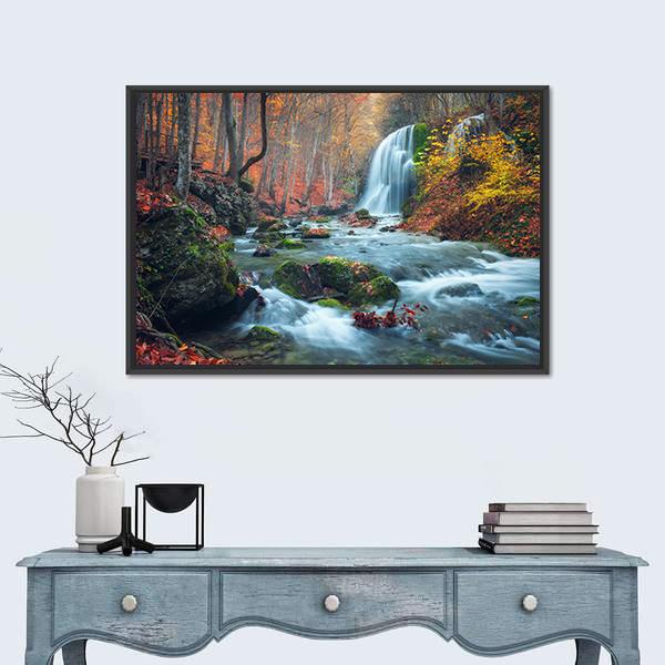 Silver Stream Waterfall in Grand Canyon of Crimea at Sunset Canvas Wall Art in brown, orange and blue, framed canvas, product view on a white background