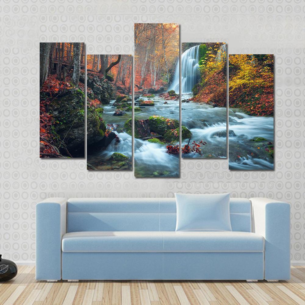 Silver Stream Waterfall In Grand Canyon Of Crimea At Sunset Canvas Wall Art-5 Pop-Gallery Wrap-47" x 32"-Tiaracle