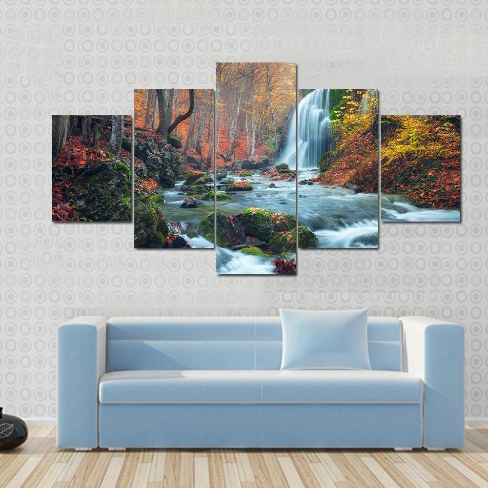 Silver Stream Waterfall In Grand Canyon Of Crimea At Sunset Canvas Wall Art-5 Star-Gallery Wrap-62" x 32"-Tiaracle