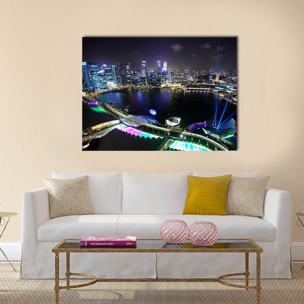 Singapore Marina Bay Night Skyline Canvas Wall Art in black, blue and multicolor, single panel hung on a wall