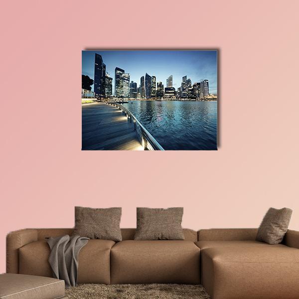 Singapore Skyline at Sunset Canvas Wall Art in black and blue, single panel hung on a wall