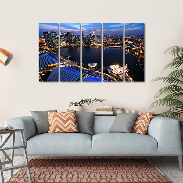 Singapore Cityscape At Night Canvas Wall Art-5 Horizontal-Gallery Wrap-22" x 12"-Tiaracle