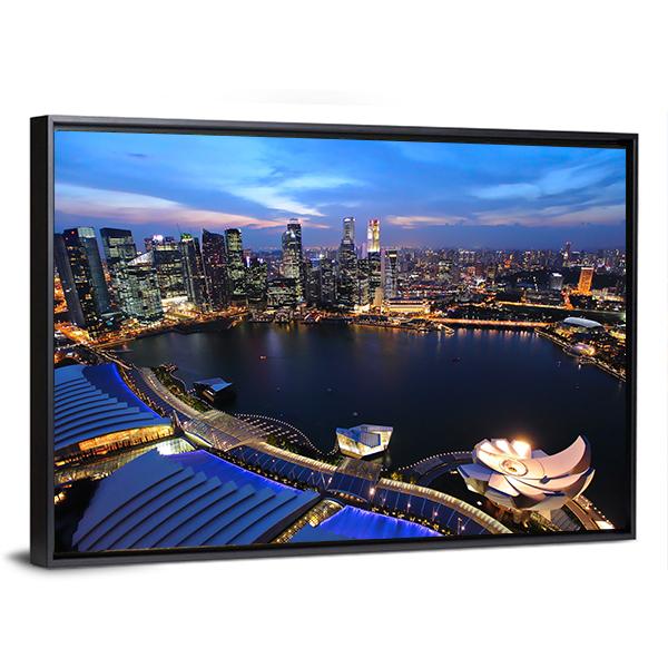 Singapore Cityscape At Night Canvas Wall Art-3 Horizontal-Gallery Wrap-25" x 16"-Tiaracle