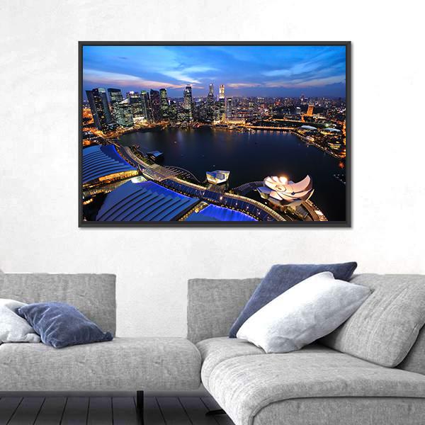 Singapore Cityscape At Night Canvas Wall Art-3 Horizontal-Gallery Wrap-25" x 16"-Tiaracle