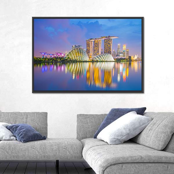 Singapore Skyline at Twilight Canvas Wall Art in gold, blue and purple, framed canvas, product view on a white background