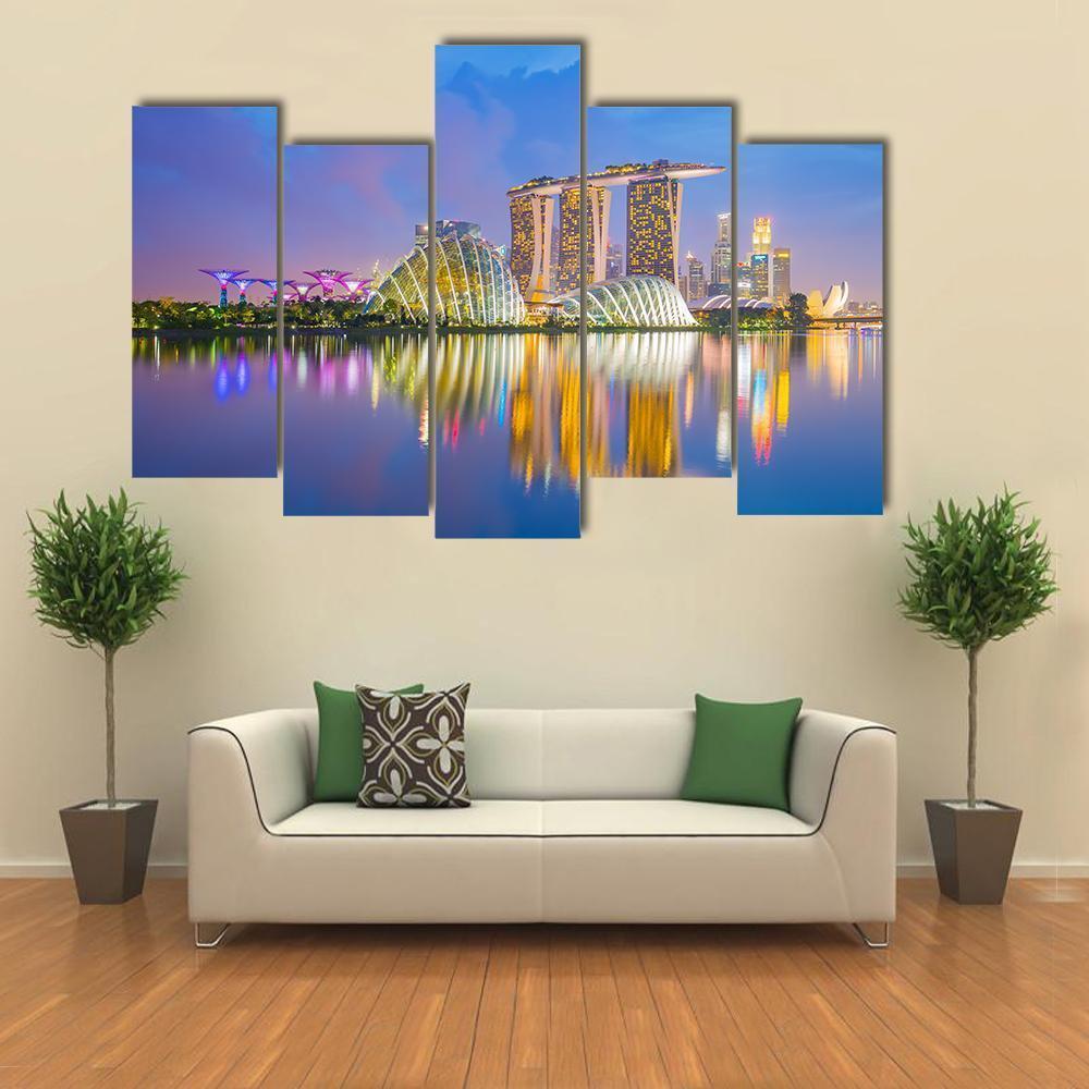 Singapore Cityscapes At Twilight Canvas Wall Art-5 Pop-Gallery Wrap-47" x 32"-Tiaracle