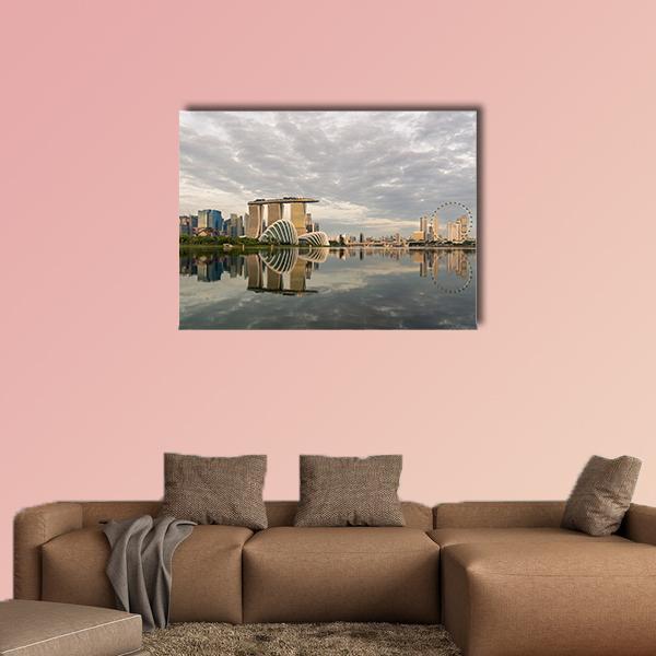 Singapore Marina Bay Morning Reflection Canvas Wall Art in gray, beige and blue, single panel hung on a wall
