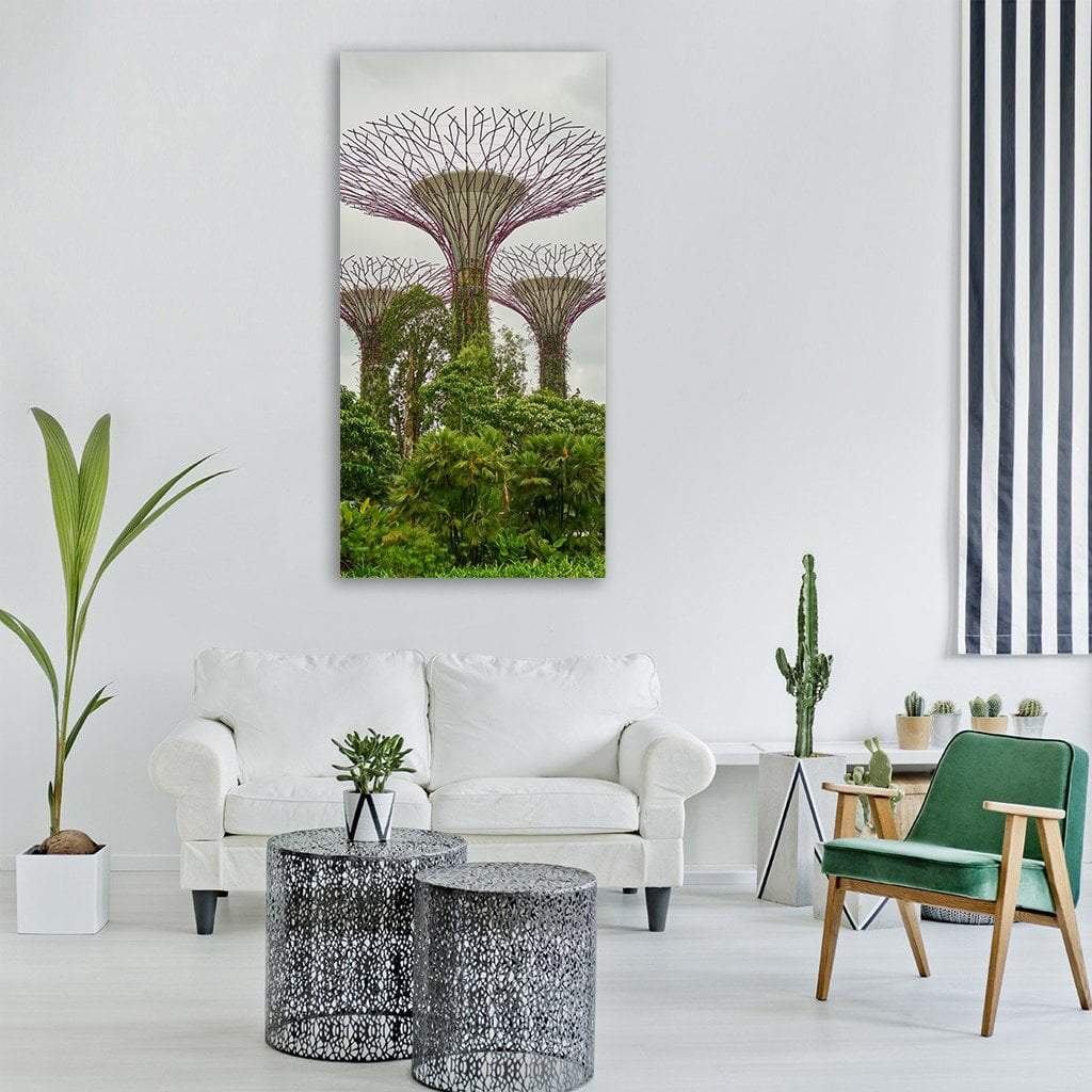 Supertrees at Gardens by the Bay, Singapore Vertical Canvas Wall Art in gray, green and purple, single vertical panel hung on a wall