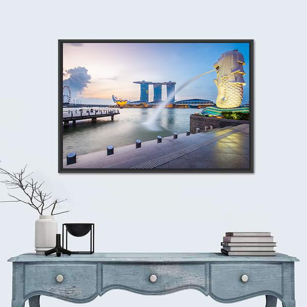 Singapore Skyline And Merlion In The Morning Canvas Wall Art-1 Piece-Floating Frame-24" x 16"-Tiaracle