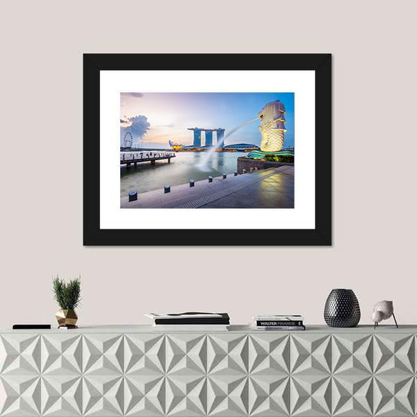 Singapore Skyline And Merlion In The Morning Canvas Wall Art-1 Piece-Framed Print-20" x 16"-Tiaracle