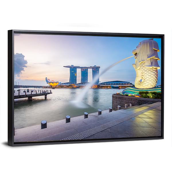Singapore Skyline And Merlion In The Morning Canvas Wall Art-3 Horizontal-Gallery Wrap-25" x 16"-Tiaracle