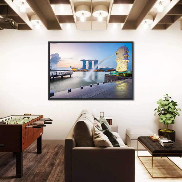 Singapore Skyline And Merlion In The Morning Canvas Wall Art-3 Horizontal-Gallery Wrap-25" x 16"-Tiaracle