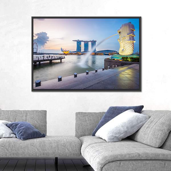 Singapore Skyline And Merlion In The Morning Canvas Wall Art-3 Horizontal-Gallery Wrap-25" x 16"-Tiaracle