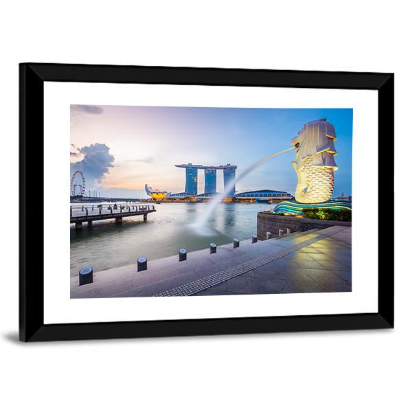 Singapore Skyline And Merlion In The Morning Canvas Wall Art-3 Horizontal-Gallery Wrap-25" x 16"-Tiaracle
