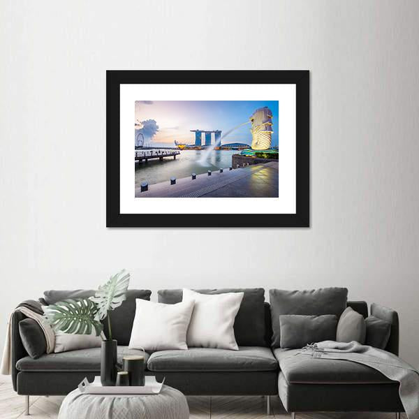 Singapore Skyline And Merlion In The Morning Canvas Wall Art-3 Horizontal-Gallery Wrap-25" x 16"-Tiaracle