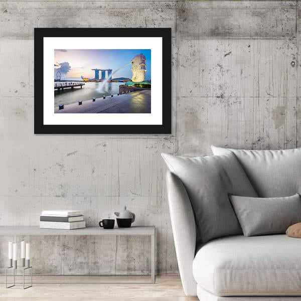 Singapore Skyline And Merlion In The Morning Canvas Wall Art-3 Horizontal-Gallery Wrap-25" x 16"-Tiaracle
