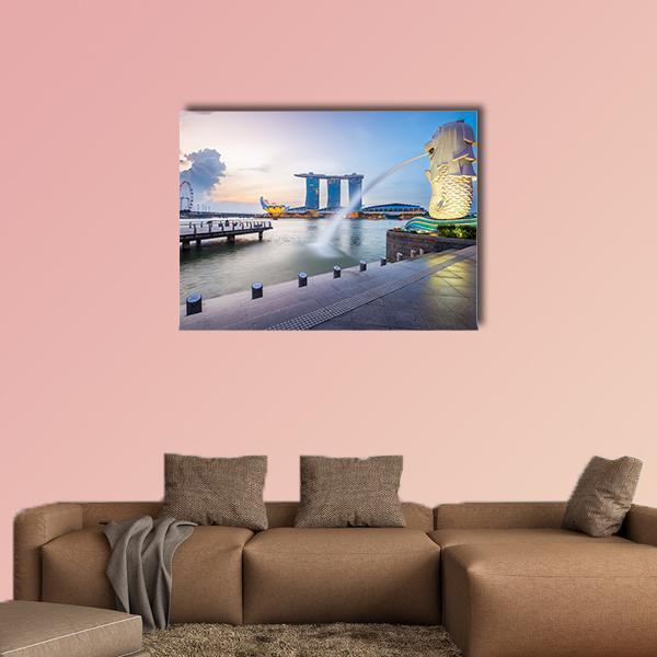 Singapore Skyline with Merlion Canvas Wall Art in gray and blue, single panel hung on a wall