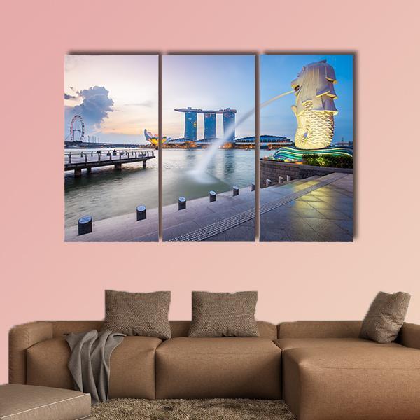 Singapore Skyline And Merlion In The Morning Canvas Wall Art-3 Horizontal-Gallery Wrap-25" x 16"-Tiaracle