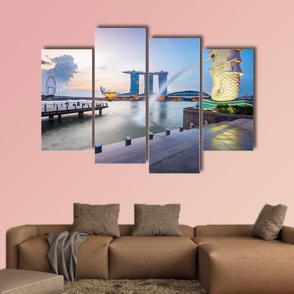 Singapore Skyline And Merlion In The Morning Canvas Wall Art-4 Pop-Gallery Wrap-50" x 32"-Tiaracle