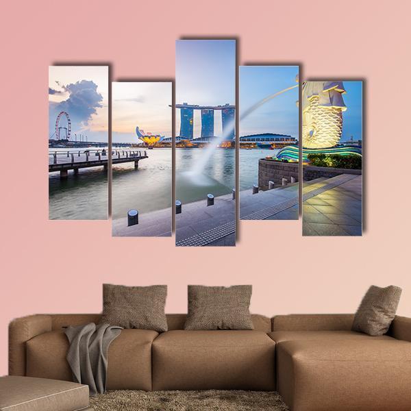 Singapore Skyline And Merlion In The Morning Canvas Wall Art-5 Pop-Gallery Wrap-47" x 32"-Tiaracle